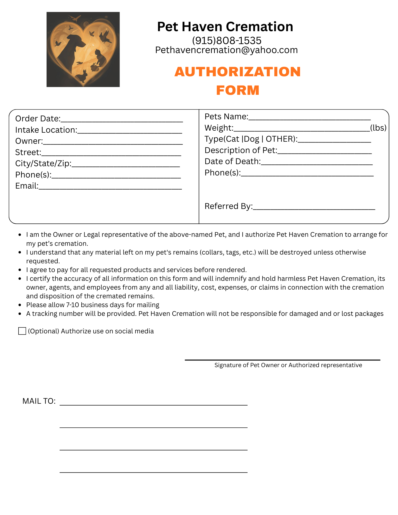 Pet Haven Cremation Authorization Form